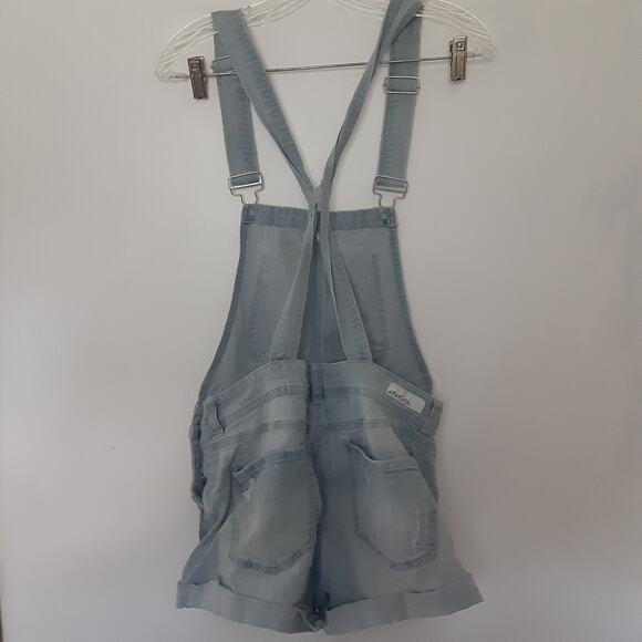 Dollhouse - Bib Overalls Womens Blue Cotton Blend Denim Distressed Short Size 9 - Picture 9 of 12